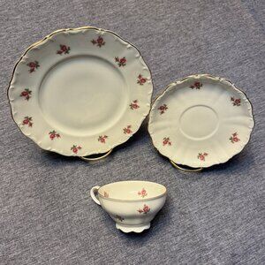 SELTMANN cup-saucer-dessert plate, Weiden E-Theresia vintage cream w/ pink roses